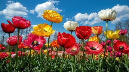 Fototapeta premium Colorful tulips blooming in spring garden under blue sky