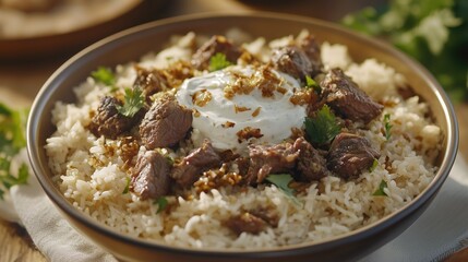 Delicious middle eastern lamb and yogurt rice dish garnished with cilantro