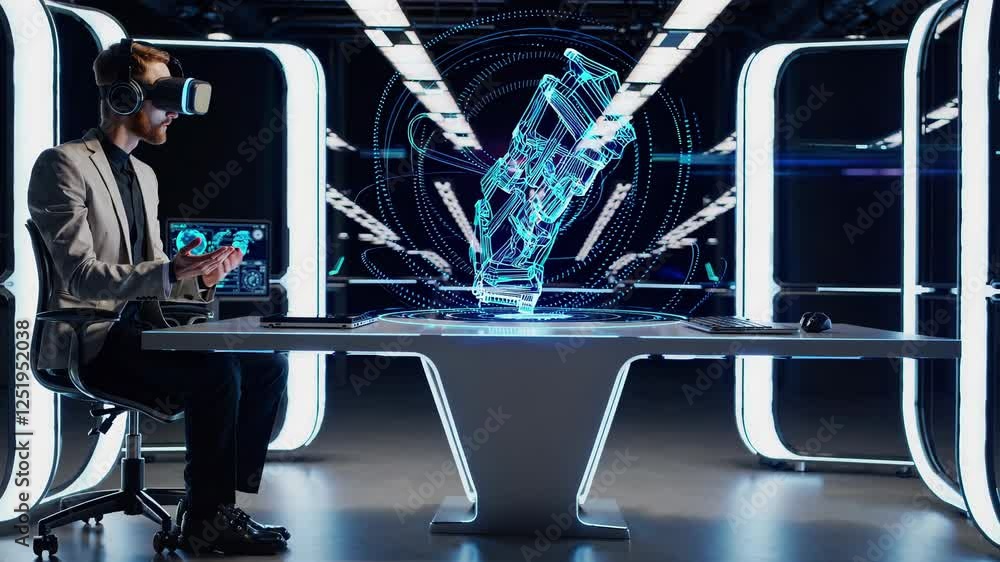 Aufkleber man wearing a vr headset interacting with a holographic 3d model of a futuristic machine in a high-t