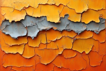 Fototapeta premium A textured surface featuring layers of cracked orange and gray paint.