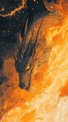 Head of a fierce dragon enveloped in flames and darkness