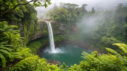 Majestic waterfall, lush tropical rainforest, misty jungle, emerald pool, aerial view, dramatic landscape, vibrant green foliage, exotic paradise, Jurassic Park vibes, hidden oasis, natural wonder, 