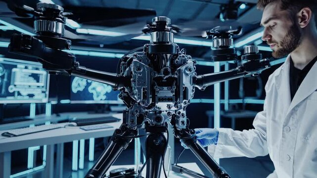 Scientist in a futuristic laboratory testing an advanced drone prototype with high-tech components and artificial intelligence