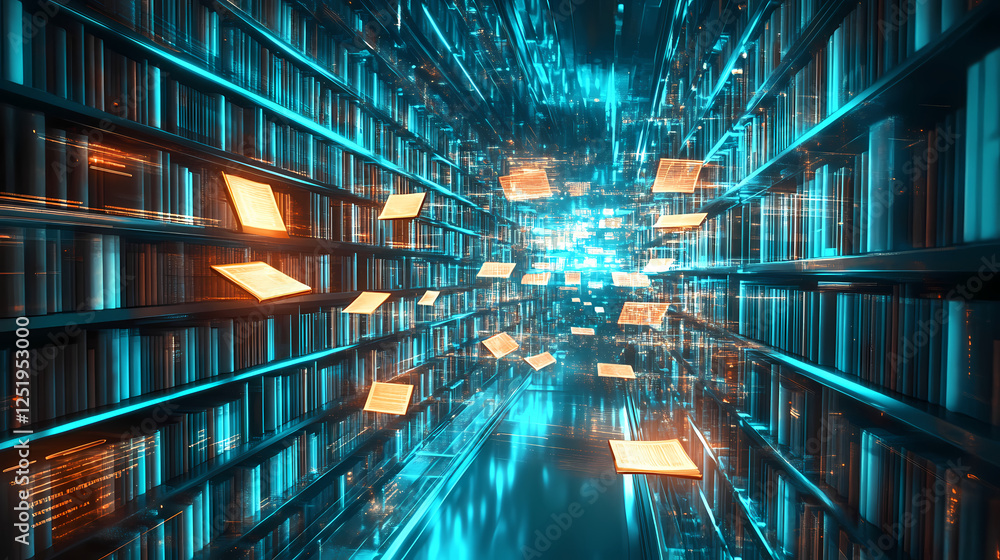 Wall mural a visually stunning stock photo of a floating virtual library with infinite rows of books and glowin