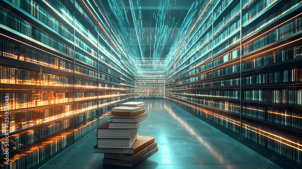 Wall mural a visually stunning stock photo of a floating virtual library with infinite rows of books and glowin