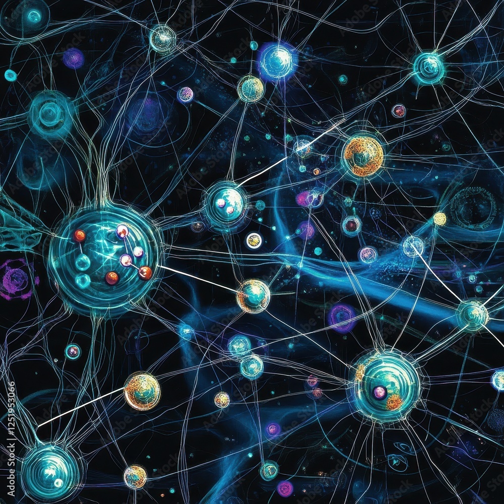 Poster network of interconnected nodes and threads with vibrant colors abound