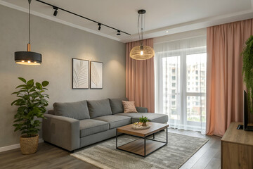 Modern Living Room Interior Design With Gray Sofa And Pink Curtains