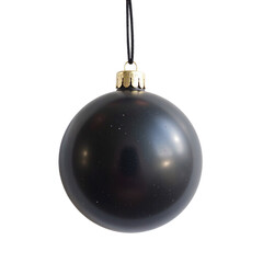 A single black Christmas ornament with a gold cap hangs against a cut out background.