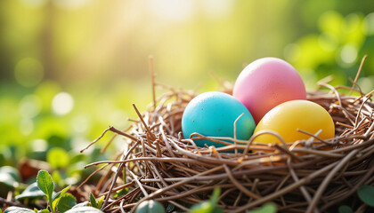 Obraz premium Colorful Easter eggs nestled in twigs, celebrating spring joy