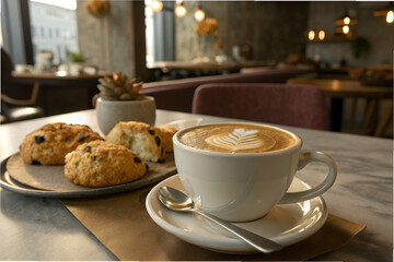 Coffee Drink And Pastries In Cafe Interior With Delicious Coffee And Treats On