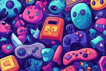 Colorful illustration featuring video game consoles and related paraphernalia