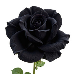 Close-up of a single, dark black rose, isolated on a cutout background.
