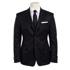A black suit with a white shirt and black tie on a mannequin, studio shot.