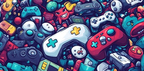 Colorful vibrant illustration showcasing a variety of video game controllers