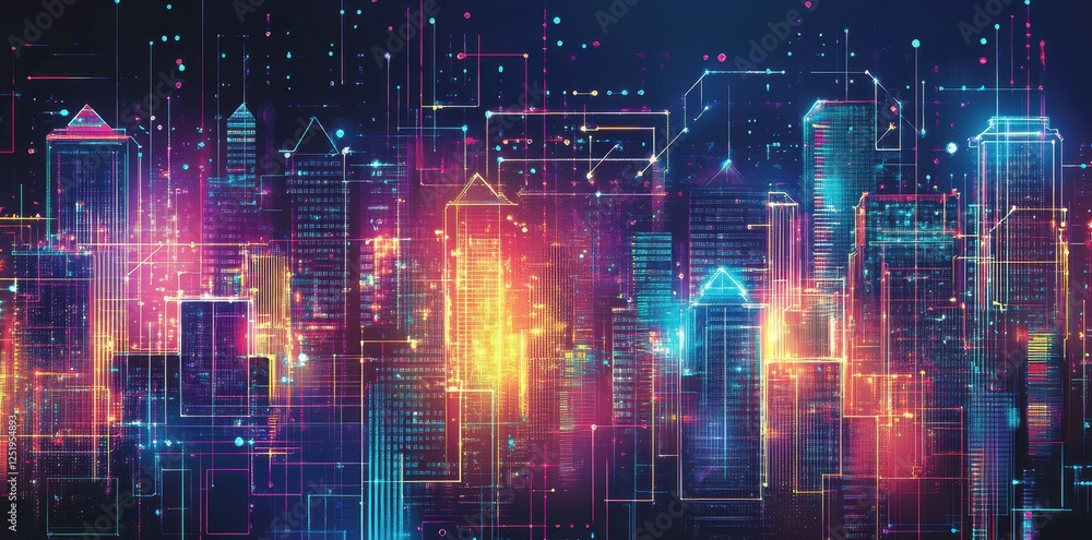 Poster abstract cityscape with interconnected networks illuminated in vibrant colors