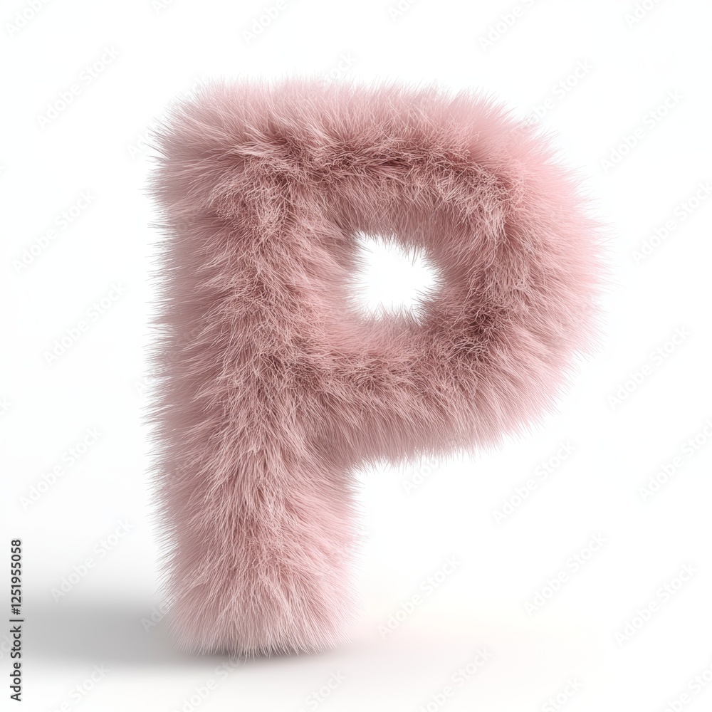 Aufkleber fluffy light pink letter p in 3d rendering on a pure white background showcasing soft textures and p