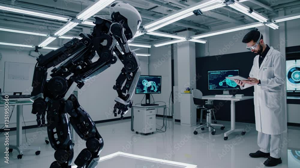 Aufkleber scientist in a futuristic laboratory analyzing an advanced humanoid robot equipped with artificial i