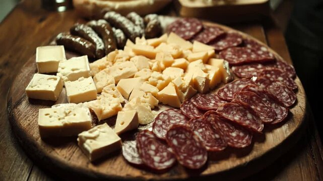 Rustic charcuterie board with a variety of cheeses, cold cuts and salami on a wooden tray.