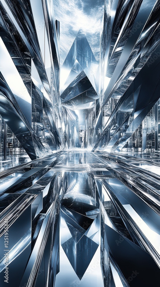 Poster abstract geometric structure with reflective surfaces and a distant figure