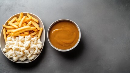 Bowl of fries, cheese curds, and gravy on gray table, popular poutine ingredients