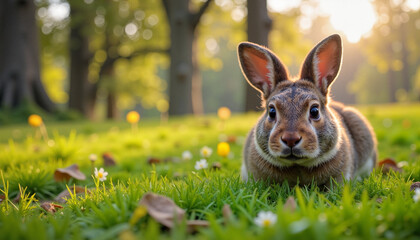 Curious rabbit peeking through spring grass, symbol of renewal