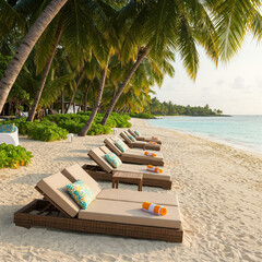 Fantastic tropical beach with a row of lounge chairs.Tall, lush palm trees with green leaves provide natural shade, and the background features crystal-clear turquoise waters 