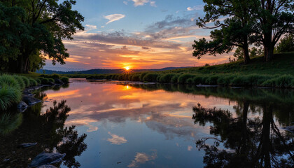 Tranquil sunrise over reflective stream in serene landscape, balance