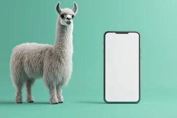 Selbstklebende Fototapeten Curious llama. Fluffy white llama standing next to a blank smartphone screen © gankevstock