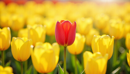 Obraz premium Vibrant red tulip standing out in yellow tulip field, spring bloom