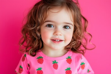 cute little girl wearing a tshirt with strawberry print on a vibrant solid color background