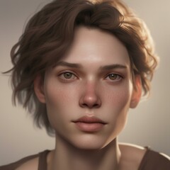 Naklejka premium A highly detailed, hyper-realistic close-up portrait of an AI-generated human face. This digital artwork features lifelike skin textures, expressive eyes, and natural lighting.
