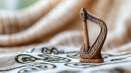 Intricate harp sculpture on embroidered cloth with Celtic designs