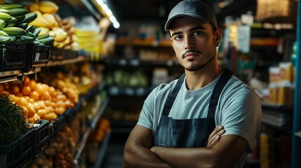 Fototapeta premium Young Grocery Store Worker Providing Friendly Service