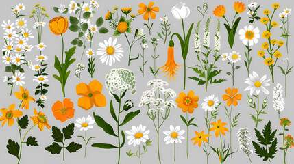 Obraz premium Vibrant floral illustration with various flowers and copy space