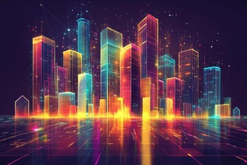 Fototapeta premium Neon cityscape with gridlines represents modern technology and connectivity