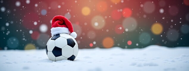 Fototapeta premium Festive soccer ball in snow with santa hat and colorful bokeh lights