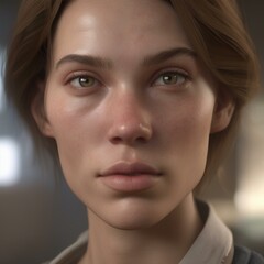 Fototapeta premium A highly detailed, hyper-realistic close-up portrait of an AI-generated human face. This digital artwork features lifelike skin textures, expressive eyes, and natural lighting.
