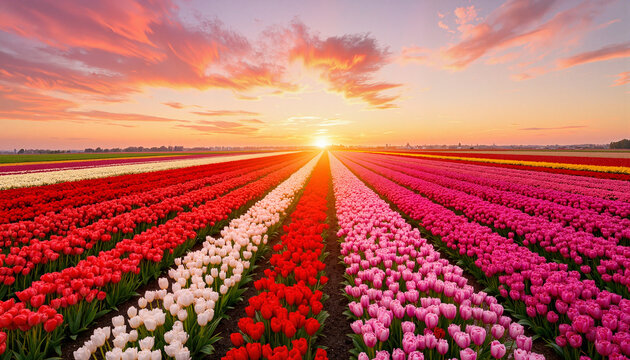 Endless tulip field at sunset, natural beauty and serenity