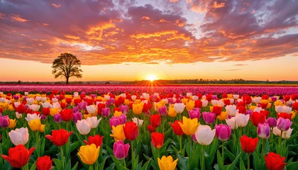  Vibrant tulip field at sunset with lone tree, natural beauty © ChrisKuz