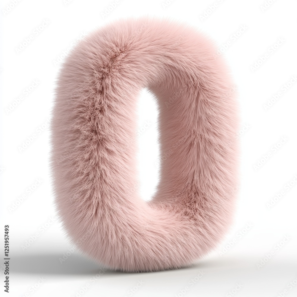 Poster lovely fluffy letter zero in light pink color set on a pure white background showcasing a soft, 3d r