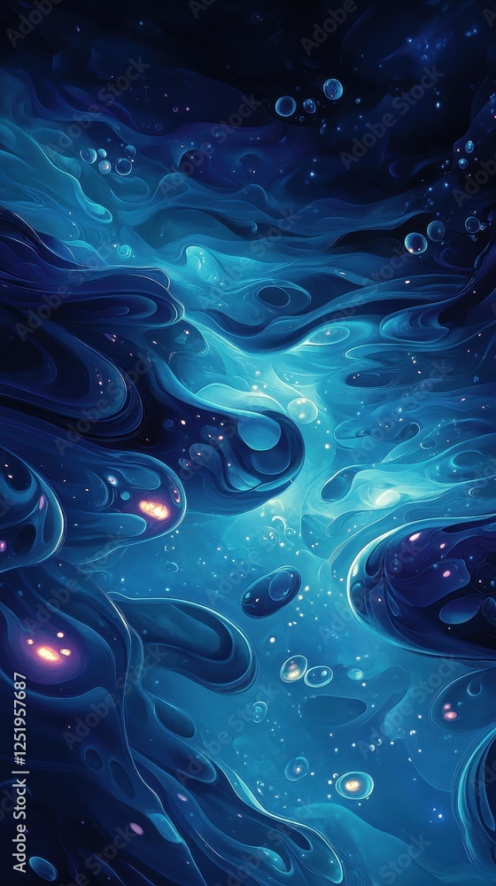 Poster abstract composition features flowing blue forms and glowing elements