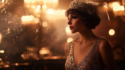 A 1920s flapper shines in a sequined dress under golden jazz club lights