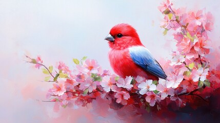 Fototapeta premium Red bird spring blossom branch painting nature art