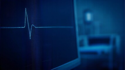 ECG Heartbeat Monitor in Hospital Room, Blue Medical Background, Cardiovascular Health and Patient Monitoring with Copy Space
