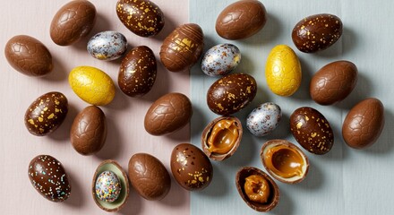  A collection of colorful chocolate Easter eggs arranged on a festive surface