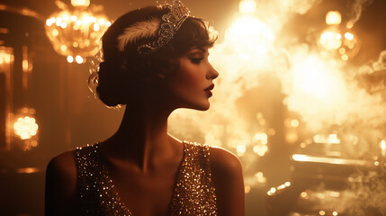A glamorous flapper, dressed in sequins and a feathered headband, shines under golden Art Deco lights in a hazy jazz club