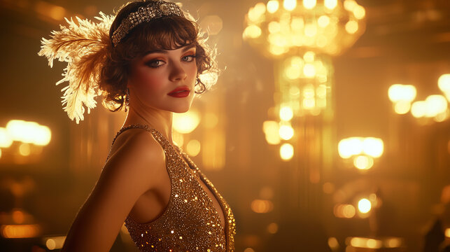 A 1920s flapper in a sequined dress and feathered headband glows under golden Art Deco lights in a smoky jazz club