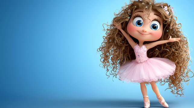A cartoon girl with curly hair is wearing a pink dress. generated using AI