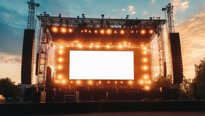 Stage modern rigging large outdoor concert with beam lights, sound system and white blank screen mockup material background wallpaper
