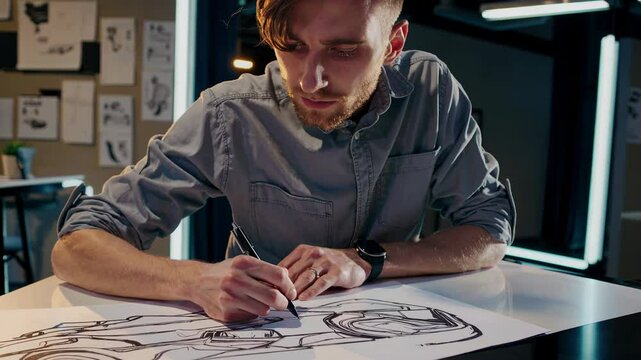 Automotive designer sketching a futuristic car concept on a large sheet of paper in a modern studio.